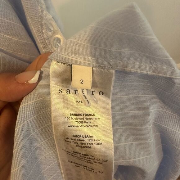 Sandro Blue White Strip Lace Insert Long Sleeve Button Down Blouse Shirt size 2 - Picture 11 of 15